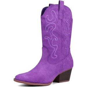 Women Purple Suede Mid Calf Chunky Block Heel Western Embroidered Cowgirl Boot